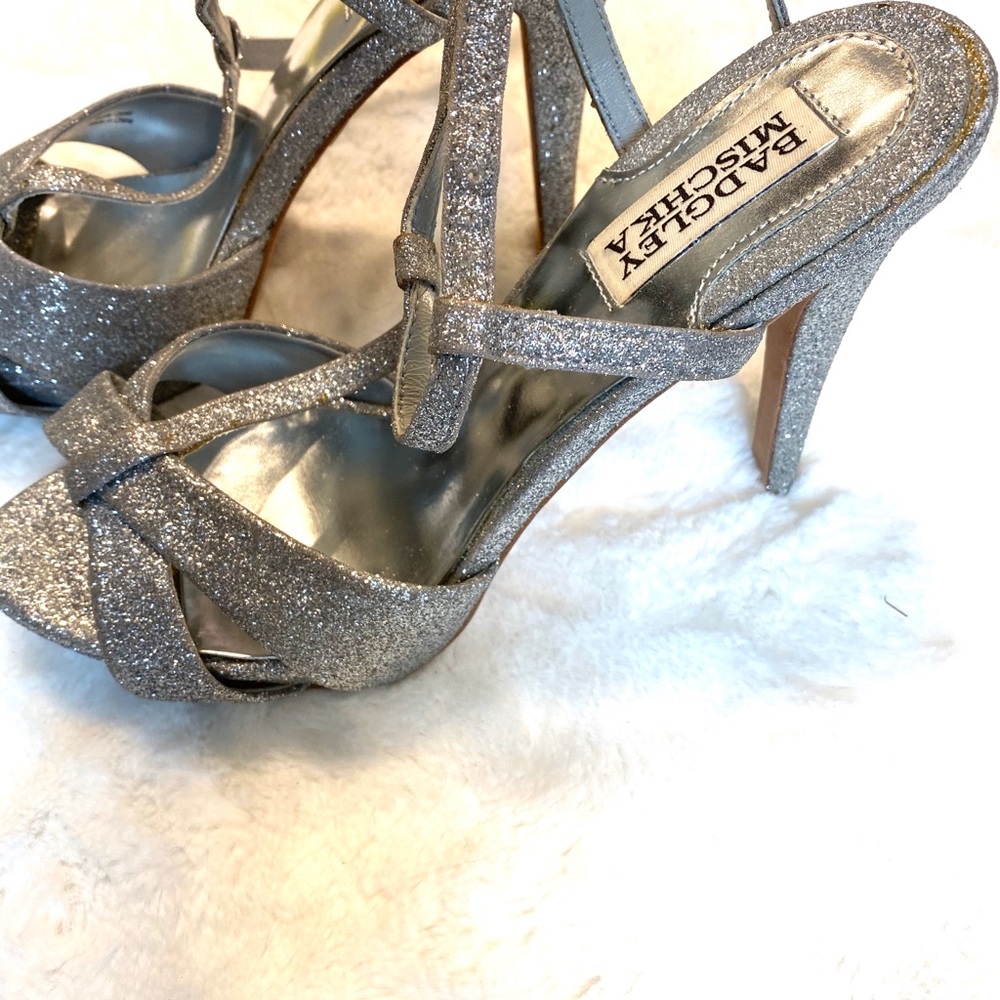 Badgley Mischka Silver Glitter Strappy Stiletto Heels